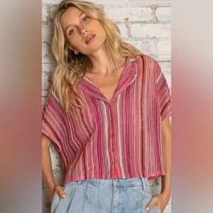 POL Multi Color Button Sheer Top with Stripes